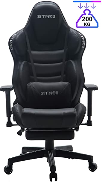 SITMOD Gaming Chair Office Recliner Chair 200kg PU Leather with Retractable Footrest, Ergonomic Desk Chair Big and Tall Gaming Armchair for Gamer E-Sports Chairs with Rocking Function-Black