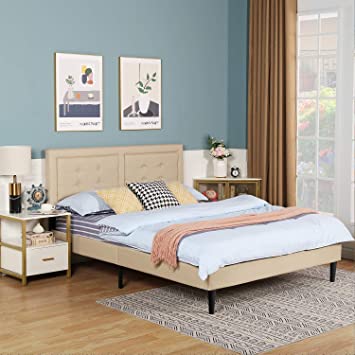 VECELO Upholstered Platform Bed Frame with Height Adjustable Headboard/Mattress Foundation with Strong Slat Support, Easy Assembly (Queen, Beige)