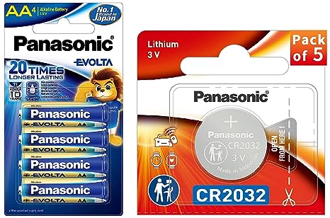 Panasonic CR-2032 Lithium Coin Battery 3v - Pack of 5 Provide Long Lasting Power && Evolta AA Alkaline Batteries,20 Times Longer Lasting Than Standard zinc Carbon Batteries,Anti-Leak Seal