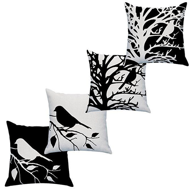 LAZAMYASA Square Cartoon Bird Printed Cushion Cover Cotton Throw Pillow Case Sham Slipover Pillowslip Pillowcase For Home Sofa Couch Chair Back Seat,4PCS,Black,18x18in