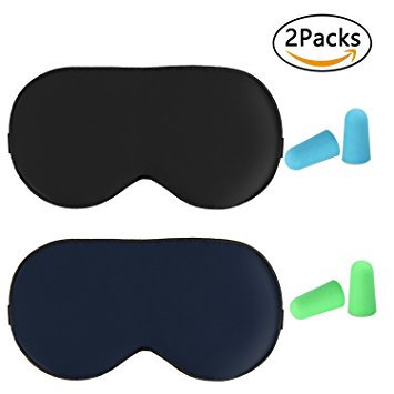 Sleep Mask, TechRise Eye Mask, 2 Packs Skin-Friendly Pure Natural Silk Fabric and Cotton Filled Sleeping Mask with Ear Plugs and Adjustable Comfortable Strap for Men Women Kids