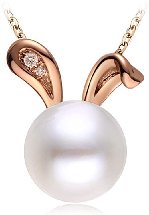 Freshwater Cultured Pearls Cute Animal Rabbit Pendant Delicate Jewelry S925 Sterling Silver Necklace Easter Valentine's Day Christmas Anniversary Gift for Girls Women - Rose Gold