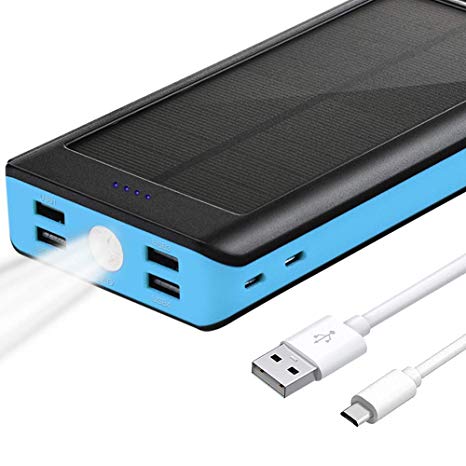 BONAI Solar Power Bank 30000mAh,(Huge Capacity)(Flashlight)(Outdoor) 4.2A Max Input External Battery Pack, 5.8A and Type C Output, Portable Charger Compatible with iPhone, iPad, Samsung, LG More Blue