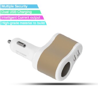 Car Charger,Dual Port USB Car Charger,TWOBIU(TM) 3 in 1 Car Charger[2 port USB 1 Cigarette Lighter] Anti Oxidation for Samsung iPhone LG Google Sony-Gold