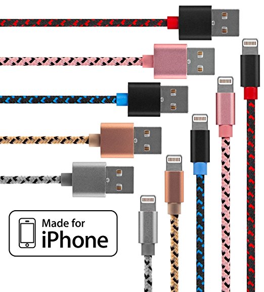 Lightning Cable for iPhone - 5 Pack Braided (3.3 Feet) in Red, Silver, Blue, Peach & Pink - Cable w/ Lightning Connector - Lightning to USB cable / Cord Compatible with iPhone 6 & 5