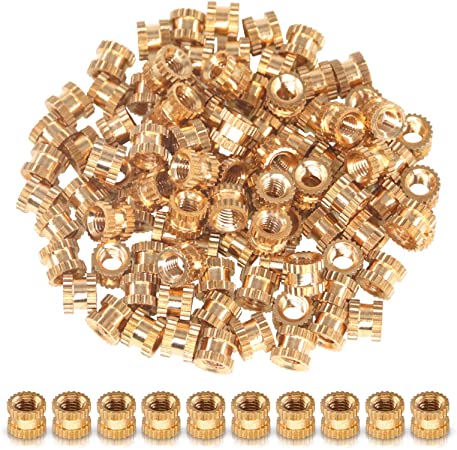 Hilitchi 100 Pcs Female Thread Brass Knurled Threaded Insert Embedment Nuts, Embed Parts, Pressed Fit into Holes for 3D Prints and More Projects (M3x4mmx5mm)