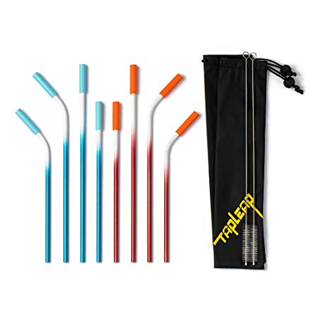 Reusable Metal Drinking Straws, Tapleap Stainless Steel Straws with 2 Carrying Bags and Brush Fit all Tumblers like YETI Atlin Rtic (0.25" Dia, 10.5" & 8.5" long) (Red&Blue)