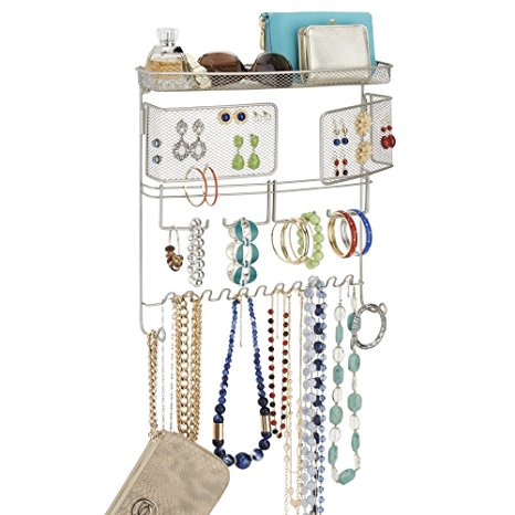 mDesign Hanging Fashion Jewelry Organizer for Rings, Earrings, Bracelets, Necklaces - Wall Mount, Satin