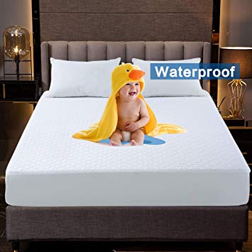 GOPOONY Premium 100% Waterproof Mattress Protector Queen Size 4D Air Fabric Pad Cover Protection Soft Breathable Noiseless Extra Deep Pocket Protection Fitted 8"-21" Vinyl PVC Free (White, Queen)