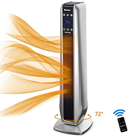 COSTWAY Ceramic Heater, 750W/1500W Electric Tower Heater with 3 Modes, 8H Timer, Remote Control & LED Screen, Overheat & Tip-Over Protection, Portable Space Heater for Bedroom, Home& Office, Silver