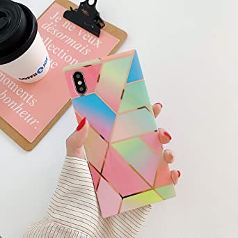 Cocomii Square Geometric Marble iPhone XS Max Case, Slim Thin Glossy Soft Flexible TPU Silicone Rubber Gel Trunk Box Square Edges Fashion Phone Case Bumper Cover for Apple iPhone XS Max 6.5 Inch 2018 (Rainbow)