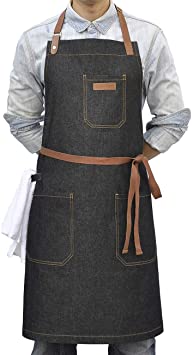 DingSay Trendy Denim Cooking Apron with Pockets, Mens Womens Professional Kitchen Bib Apron for Chef Grill BBQ, with Towel Loop and Adjustable Neck Straps
