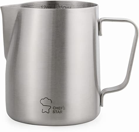 Chef's Star Stainless Steel Milk Frothing Pitcher, Frothing Cup for Milk Steamer and Frother for Coffee Cappuccino Latte and Espresso Machine, Espresso Machine Accessories Steaming Pitcher (32 oz)