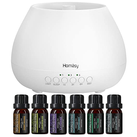 Homasy 500ml Essential Oil Diffuser with Oils, Oil Diffuser with Essential Oils Set (6x10ml), with Auto Shut-Off, Sleep Mode and Timer, Fragrant Humidifier for Bedroom, Living Room, Kitchen-White