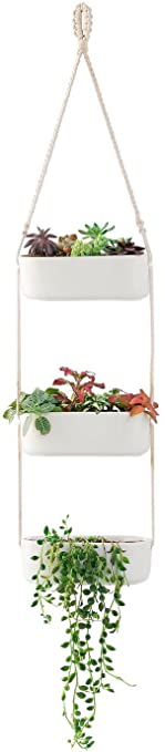 Mkono Macrame Hanging Planter with 3 Ceramic Plant Flower Pots White