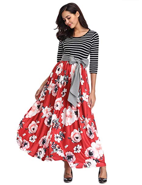 Womens Striped Floral Maxi Dress with Pockets Empire Waist 3/4 Sleeve Tie Waist Floor Length Long Dress