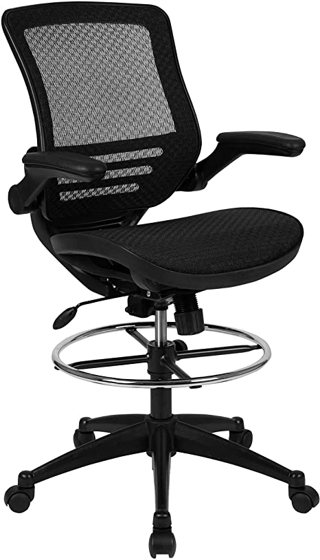 Flash Furniture Mid-Back Transparent Black Mesh Drafting Chair with Black Frame and Flip-Up Arms