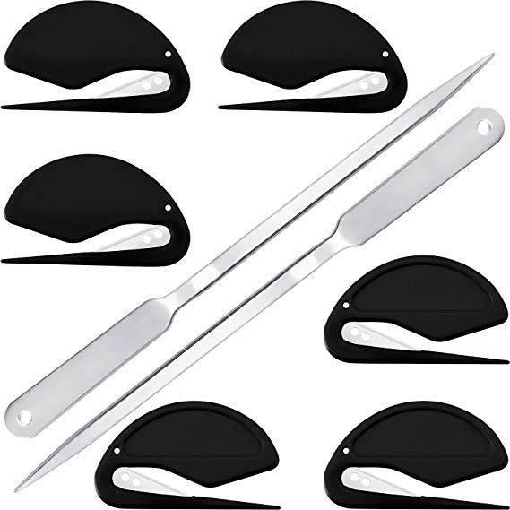 8 Pieces Letter Opener Envelope Slitter Mail Opener Includes 6 Pieces Plastic Letter Opener, 2 Pieces Stainless Steel Envelope Knife (Black and Silver)