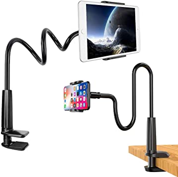 2 in 1 Gooseneck Phone and Tablet Holder | 360 Flexible Holder | Lazy Arm Clamp Bracket Mount Stand for iPhone, iPad, Samsung, Huawei, etc. | For Bed, Desk, Table, Reading, Filming (Black)