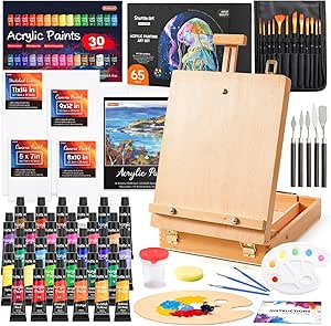 65 Pack Acrylic Paint Set, Shuttle Art Acrylic Painting Set with Wooden Easel, 30 Colors Acrylic Paint, Painting Canvas, Paint Brushes, Palettes, Art Painting Supplies for Kids Adults Beginner Artists