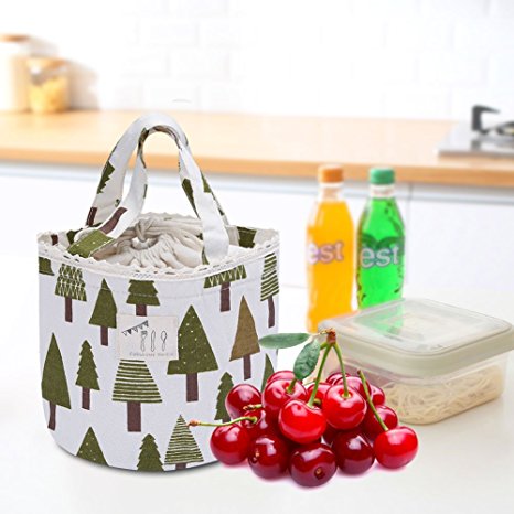 Natural Cotton Lunch Box Bag, Picnic Storage Bag ,Grocery Bags with Drawstring for Children, Girls, Green