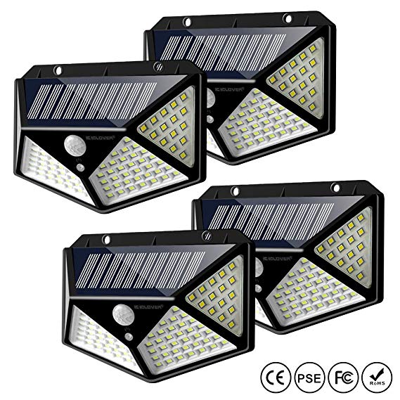 Solar Lights Outdoor, IC ICLOVER 100 LED IP65 Waterproof Solar Powered Motion Sensor Wall Lights with 270° Wide Angle up to 1000 Lumens for Garden,Patio Yard,Fence,Deck Garage,Porch -4 Pack