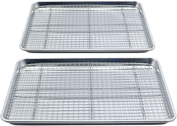 Checkered Chef Baking Sheet and Rack Set - Twin Pack- 2 Aluminum Cookie Sheets/Half Sheet Pans With 2 Stainless Steel Oven Safe Cooling Racks