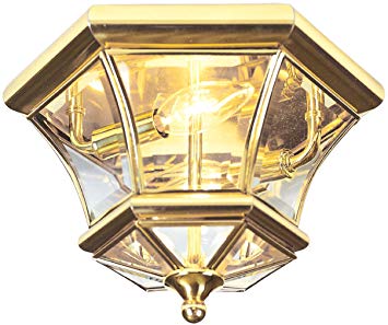 Livex Lighting 7052-02 Monterey 2 Light Outdoor/Indoor Polished Brass Finish Solid Brass Flush Mount  with Clear Beveled Glass