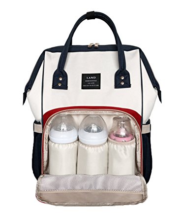 LAND Color Block Diaper Bag Backpack Water Resistant Travel Maternity Nappy Bag for Mom (Red & Beige)