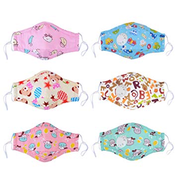 Kids Dust Mask,Aniwon 6 Pcs N95 Mask Kids Mouth Mask PM2.5 Anti Pollution Mask with 12 Pcs Activated Carbon Filter Insert Washable Cute Cotton Face Mask with Adjustable Straps