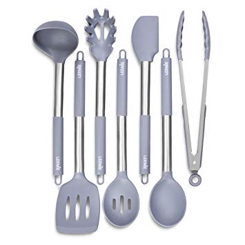 Lermie 7-Piece Silicone Kitchen Utensils Set: Slotted Turner, Spoon, Skimmer Spoon, Soup Ladle, Pasta Server, Tongs & Spatula| Heat Resistant, Stainless Steel Handles Cookware for Kitchen, Bbq, Baking