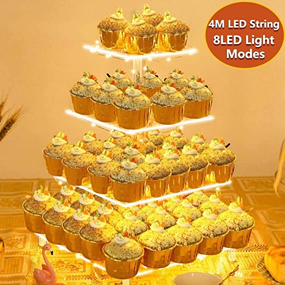 OurWarm 4 Tier Cupcake Stand with lights, Square Acrylic Cupcake Holder Cupcake Tower Display Dessert Stand for Weddings, Birthday, Christmas, Candy Bar Party Decorations