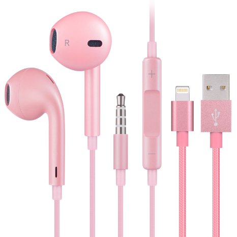 Xcords Earphones Earbuds Headphones with Remote Control and Mic for iPhone 6/6s/6 Plus/6s Plus/ 5/5c/5s, iPad/iPod, Plus 1 Piece of Nylon Braided lightning Cable(Rose Golden)