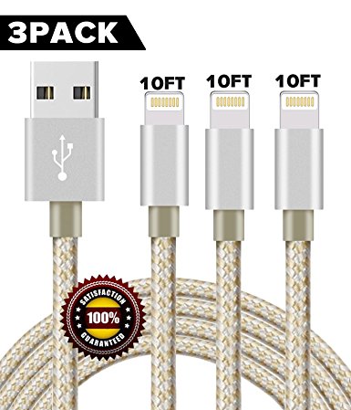 BULESK Lightning Cable 3Pack 10FT Nylon Braided Certified iPhone Cable USB Cord Charging Charger for Apple iPhone X, 8, 7 Plus, 6, 6s, 6 , 5, 5c, 5s, SE, iPad, iPod Nano, iPod Touch (Glod Silver)