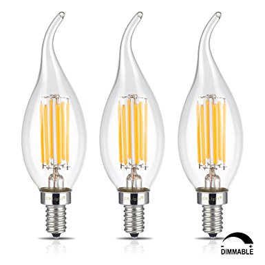 CRLight 6W Dimmable LED Filament Candle Light Bulb, 2700K Warm White 600LM, E12 Candelabra Base Lamp, C35 Flame Shape Bent Tip, 60W Incandescent Replacement, 3 Pack