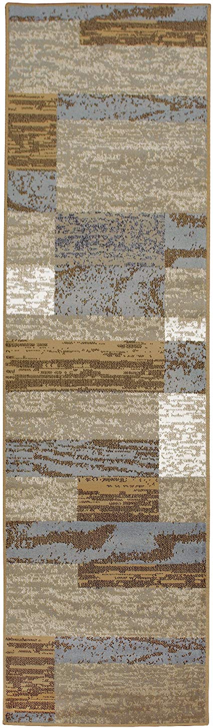 Superior Modern Rockwood Collection Area Rug, 8mm Pile Height with Jute Backing, Textured Geometric Brick Design, Anti-Static, Water-Repellent Rugs - Light Blue & Beige, 2'7" x 8' Runner Rug