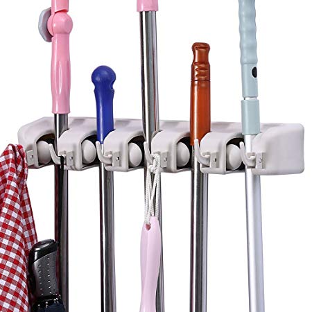 ONMIER Mop and Broom Holder, Multipurpose Wall Mounted Organizer Storage Hooks, Ideal Tools Hanger for Kitchen Garden, Garage, Laundry Room (5 Position 6 Hooks)
