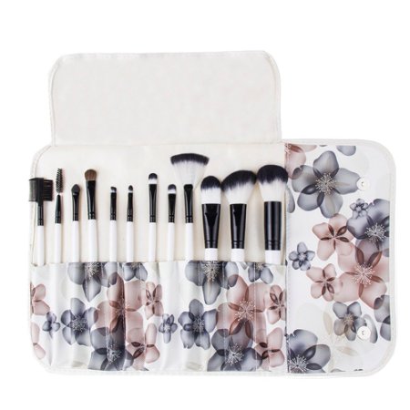 Unimeix Professional 12 Pcs Makeup Cosmetics Brushes Set Kits with Flower Black Flower Pattern Case