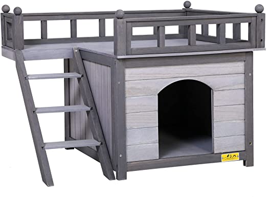 JAXPETY 2-Story Wooden Dog House, Pet Dog Room Shelter for Small Medium Dogs Cats w/Stairs and Balcony Bed, Indoor and Outdoor Waterproof