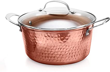 Gotham Steel Hammered Copper Collection 5 Quart Stock Pot with Lid, Premier Nonstick Aluminum Cookware with Stainless Steel Handles, Induction Plate for Even Heating, Dishwasher & Oven Safe