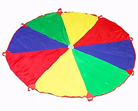 Parachute 12 feet for Kids with 8 Easy Hold Handles PLAY10 Chirdren Sports Parachute Play Mat Picnic Blanket with Carry Bag, Including 24 Pit Playballs