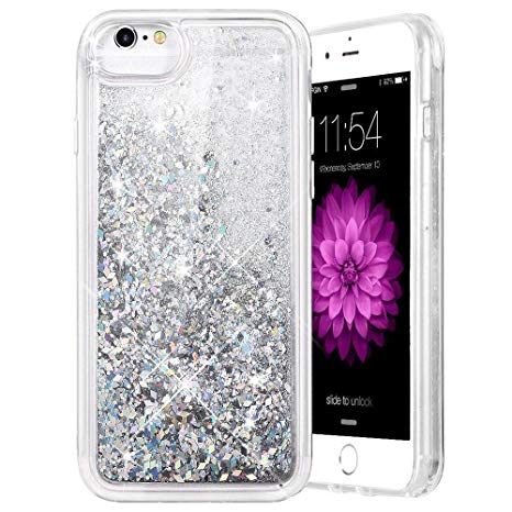 iPhone 6/6S/7/8 Case, Caka iPhone 6S Glitter Case [With Tempered Glass Screen Protector] Bling Flowing Floating Luxury Glitter Sparkle TPU Bumper Liquid Case for iPhone 6/6S/7/8 (4.7") - (Silver)