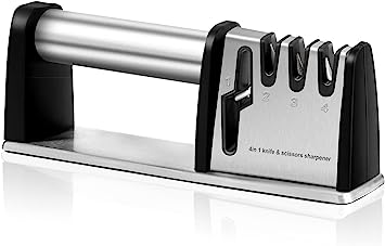 Knife Sharpeners, 4 Stage Kitchen Knives and Scissors Sharpening Tool, Professional Chef's Kitchen Knife Accessories to Repair Grind Polish Blade, Manual Kitchen Knife Sharpener(Silver）