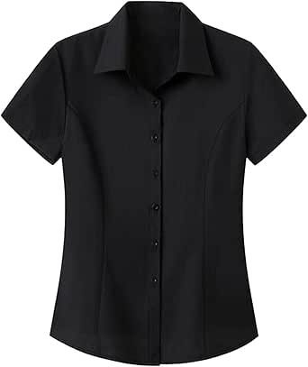 Womens Work Short Sleeve Blouse Shirts Ladies Formal Office Premium Shirts Cotton Reverse Collar Button Down Blouse Plain Easy Care Non-Iron Slim Fit Workwear