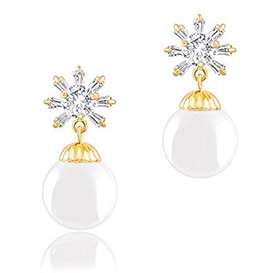 18k Gold Plated White Simulated Shell Pearl with Cubic Zirconia Snowflake Drop Earrings (10-10.5 mm)