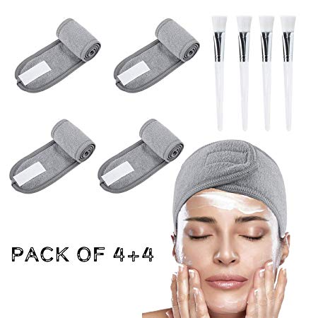 Spa Facial Headband Hair Wrap Make Up Head Cloth 4 Pack with 4 Mask Brushes Leaflai Women Hair For Washing Adjustable Non-slip Stretchable for Face Treatment Sport (4 PCS with 4 Facial Mask, Gray)