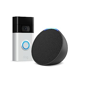 Ring Video Doorbell by Amazon, Satin Nickel, Works with Alexa   Introducing Echo Pop | Charcoal - Smart Home Starter Kit