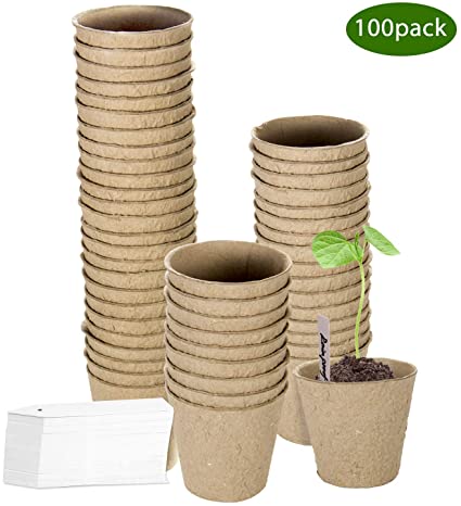 ZOUTOG 3'' Peat Pots, 100 Pack Round Biodegradable Plant Starter Pots Seedling Trays, Bonus 100 Plant Labels