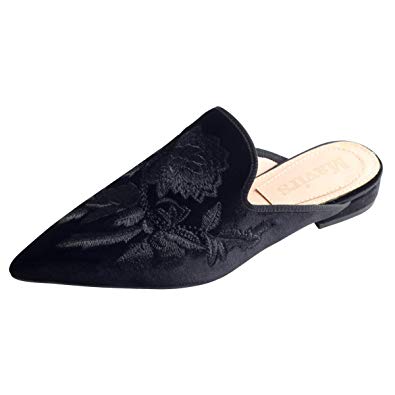 Mavirs Loafers for Women, Womens Loafers Velvet Backless Slip On Loafers Embroidery Mule Slippers