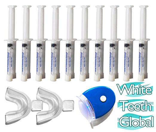 White Teeth Global branded (TM) 44% Carbamide Peroxide 10 Syringes of Teeth Whitening Gel - (1) LED Accelerator Light - (2) Trays - (1) Shade Guide - (1) Instructions Sheet - Best At Home Teeth Whitening Products by White Teeth Global